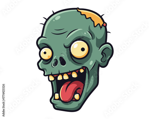 Cartoon zombie head with wide eyes and open mouth showing tongue and jagged teeth spooky halloween character