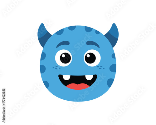 A cheerful round blue monster character with big eyes horns and a wide toothy grin perfect for children s themes