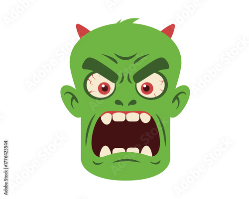 Fearsome green monster face with sharp teeth and red horns expressing rage and anger with wide open mouth