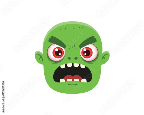 Furious green cartoon zombie face with wide open mouth and red eyes conveying anger and a scary halloween expression