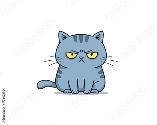 A grumpy blue cartoon cat with bright yellow eyes and striped fur sits looking directly at the viewer with a stern expression