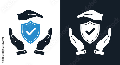 Hands protect shield with check - Vector icon symbol for website - Icon vector - Blue icon vector - Line and glyph solid icon and logo template