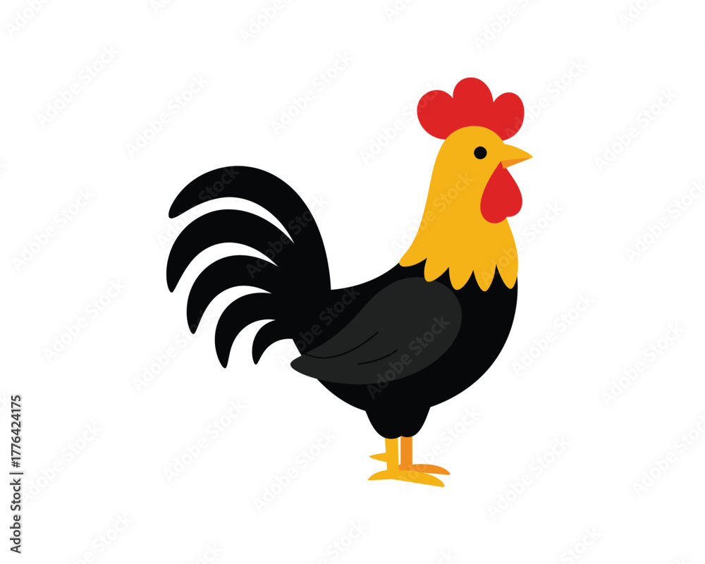 Fototapeta premium A stylized cartoon illustration of a proud rooster with a bright yellow neck and black tail feathers standing against a white background
