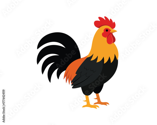 A vibrant stylized illustration of a proud rooster standing tall with its colorful plumage against a clean white background