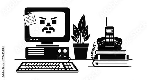Retro computer setup with angry face on screen and old phone on books