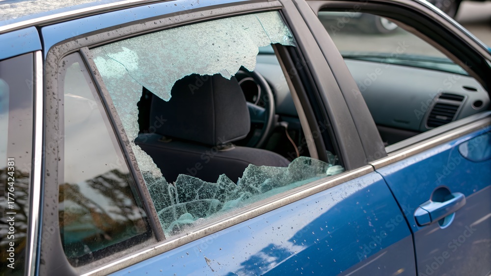 Obraz premium Broken car window shattered glass vandalism theft damage insurance