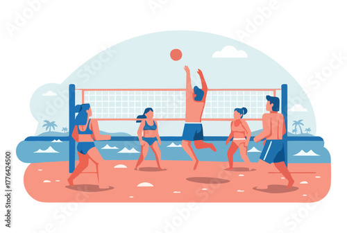 Vibrant illustration of a diverse group of friends enjoying a competitive game of beach volleyball under the summer sun, showcasing teamwork and active recreation by the ocean