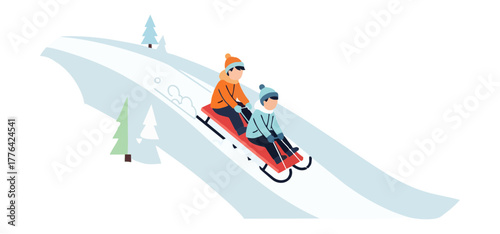 Winter Fun Children Sledding Down Snowy Hill Illustration