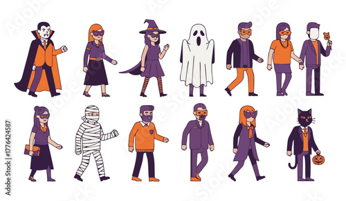 Collection of diverse characters dressed in various Halloween costumes, including vampires, mummies, witches, and ghosts