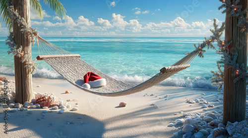 Christmas travel destination with turquoise ocean and palm decorations