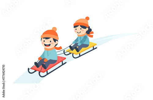 Joyful children sledding down a snowy hill, experiencing the excitement and fun of outdoor winter activities and play in a vibrant cartoon illustration