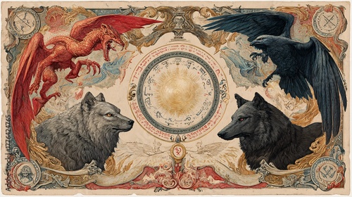 Mythic Battle Between Dragon, Wolves, and Raven in Ancient Symbolic Art