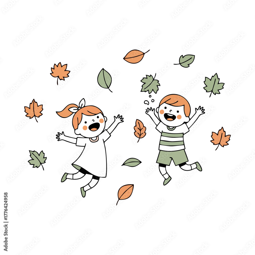 Fototapeta premium Cheerful children jumping and playing in a flurry of vibrant autumn leaves, celebrating the joyous spirit of the fall season outdoors with boundless energy