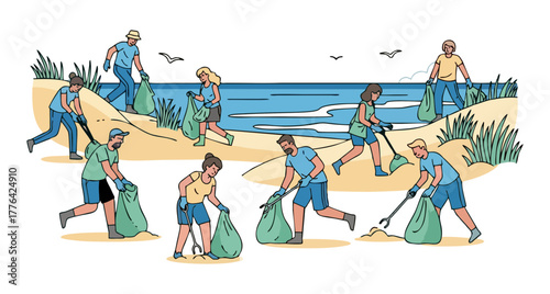Beach Cleanup Crew Volunteers Working Together to Preserve the Coastline & Environment