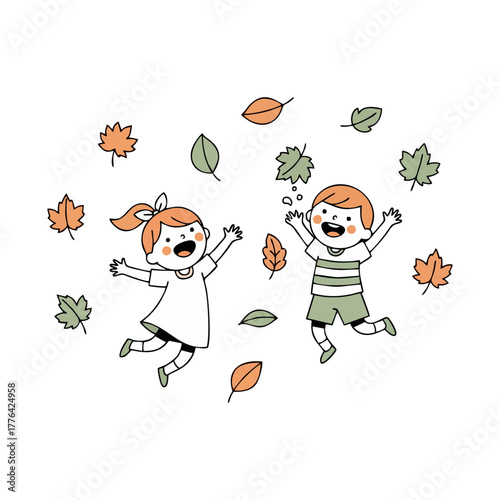 Cheerful children jumping and playing in a flurry of vibrant autumn leaves, celebrating the joyous spirit of the fall season outdoors with boundless energy