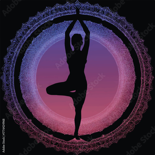 Yoga Tree Pose Silhouette within a Decorative Mandala Frame Gradient Background for Meditation and Wellness Concepts