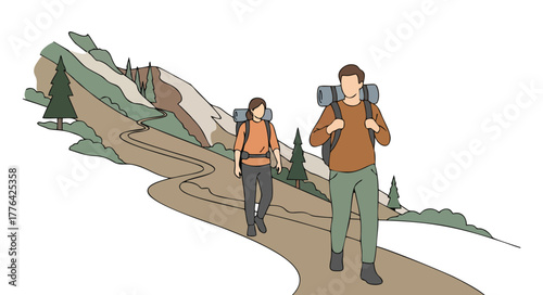 Two hikers with backpacks trekking on a scenic mountain trail amidst pine trees and rugged terrain