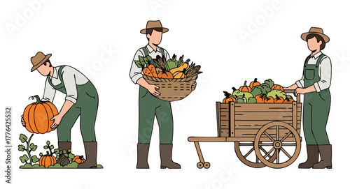Collection of illustrations depicting farmers diligently harvesting a vibrant array of fresh, organic vegetables and abundant crops, embodying sustainable agriculture and rural life