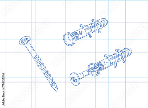 Dowel and screw composition drawing in graphic style on light background