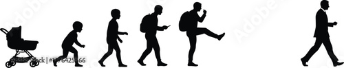 Silhouette evolution of human life from baby to adult businessman, symbolizing growth, progress, learning, success, personal development, lifestyle journey