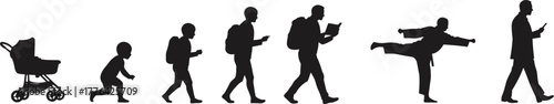 Black silhouette showing human evolution from baby stroller to adult using smartphone, modern digital lifestyle concept illustration on white background