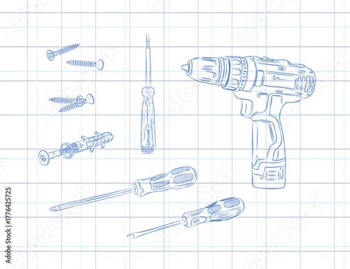 Construction tools set composition cordless drill, screwdriver, screw drawing in graphic style on light background