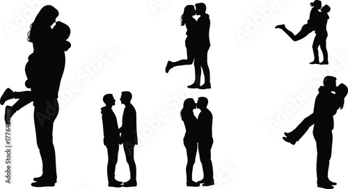 Black silhouette romantic couples hugging and kissing, love and relationship vector illustration, affection and intimacy concept on white background