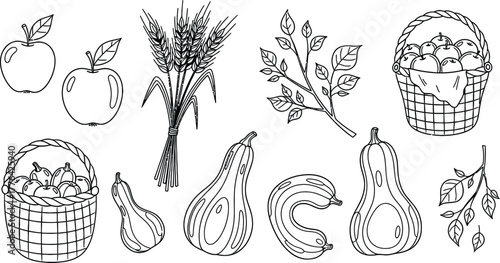 Doodle icons of harvest season apples, wheat, baskets, gourds, and autumn branches, minimal line art.