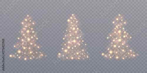A glowing Christmas tree made of warm lights, three options on a transparent background for festive decorations, winter banners, and New Year's compositions.