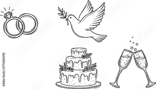 Doodle icons of engagement and wedding symbols rings, dove, wedding cake, and champagne, elegant sketch vector.