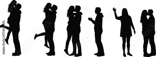 Black silhouette romantic couple kissing, hugging, waving, relationship vector illustration, love emotion, affection, connection, people romance design on white background