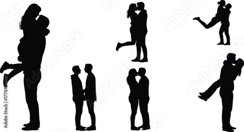 Black silhouette romantic couple kissing and hugging, love relationship vector design, passion, romance, affection, emotional connection illustration on white background
