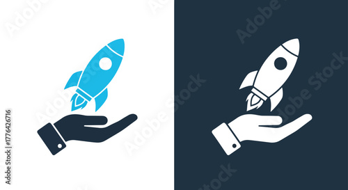 Hand holding rocket launch icon - Vector icon symbol for website - Icon vector - Blue icon vector - Line and glyph solid icon and logo template