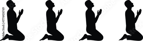 Silhouette of man kneeling and praying, faith and spirituality concept, meditation, worship, hope, belief, religion, inner peace illustration