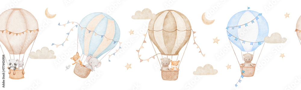 Obraz premium Seamless watercolour border with blue and beige hot air balloons and baby animals, hand drawn repeating illustrations for kids
