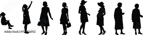 Silhouette of woman life stages from childhood to old age, aging process, female growth, generation evolution, lifestyle and family concept