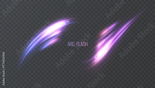 Light arc flashes and fast trails for magical and combat effects, with purple-pink glow and soft glare. Suitable for game interfaces, strikes, spells, and dynamic compositional lighting.