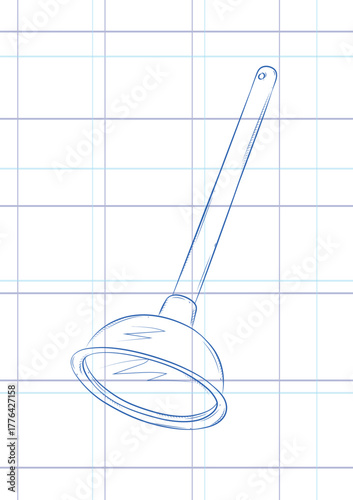 Plunger hand drawn doodle. Clearing clogged pipes at home. Drawing in graphic style on light background