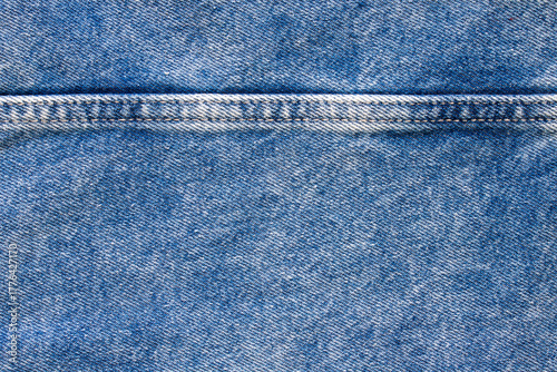 Close-up view of blue denim fabric showing detailed stitching and worn texture.