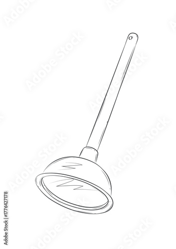Plunger hand drawn doodle. Clearing clogged pipes at home. Drawing in graphic style on white background