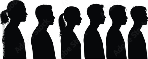 Silhouette of diverse people standing in line side view, teamwork, inclusion, community equality, diversity and social unity concept illustration design