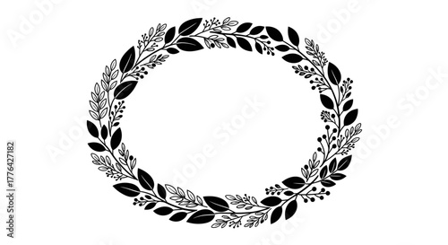 Elegant black and white floral wreath with delicate leaves and berries, perfect for invitations and design.
