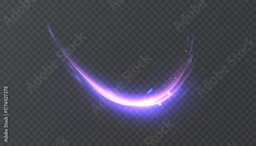 Light vortex trail for gaming interfaces, magical scenes, and impact effects. Curved arc with purple glow and sparks for sci-fi and fantasy designs.