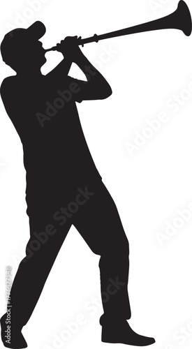 Fan with cap playing long horn or vuvuzela silhouette vector illustration.