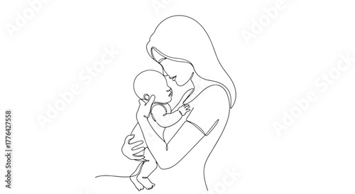 Continuous line drawing of a mother holding her baby in her arms with love and tenderness depicted