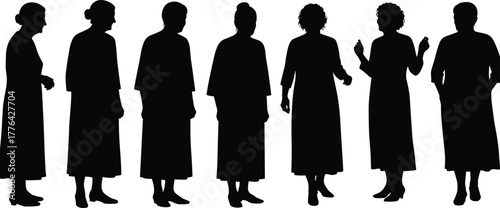 Silhouette of elderly women standing in different poses, senior female group illustration, aging concept, diversity, isolated black figures, healthcare theme
