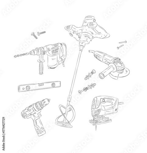 Power construction and repair tools set hammer drill, mortar mixer, angle grinder, building level, drill, jigsaw drawing in graphic style on white background
