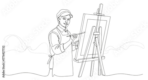 Line art of a smiling artist in apron painting on a canvas placed on an easel in a studio setting
