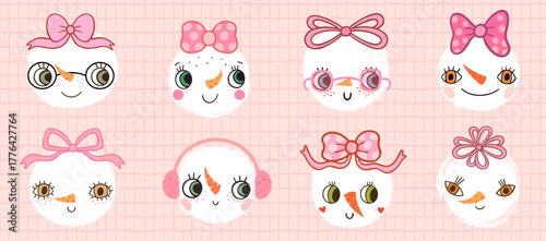 Cute snowmen vector faces with bows, quirky winter characters with mouths and eyes for Christmas greeting cards and designs