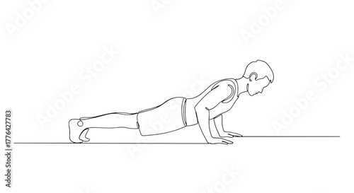 A continuous line drawing of a man doing a push up with focus on form and body posture exercise routine